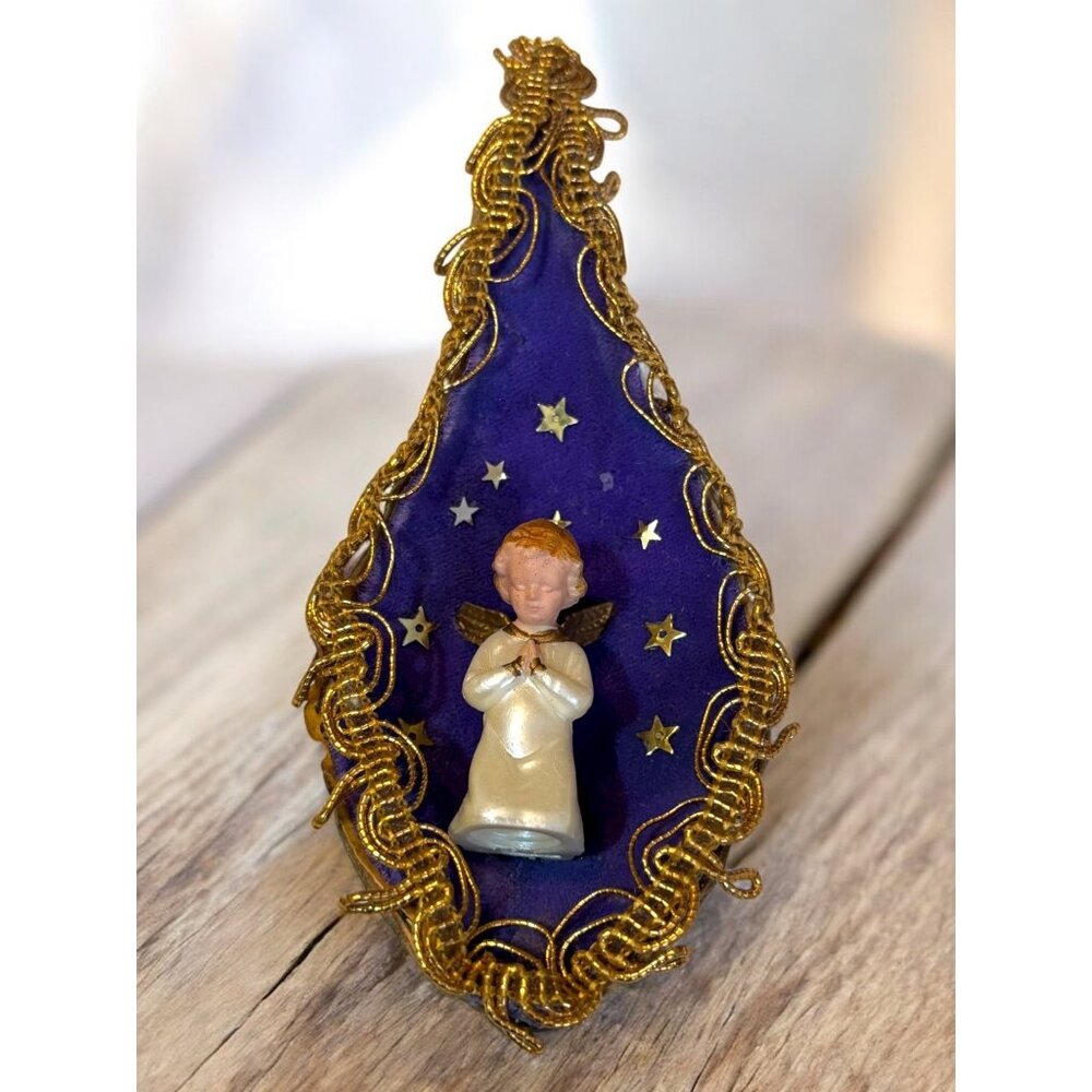 Vintage Handmade Milkweed Angel Ornament Purple & Gold Teardrop Design With Star